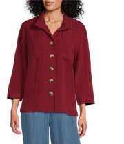 John Mark Woven Wire Collar 3/4 Sleeve Button Front Shirt-Wine