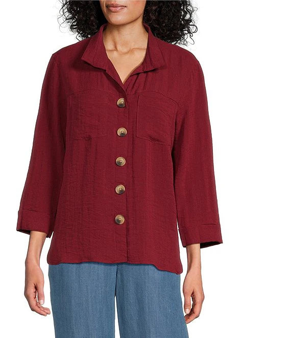 John Mark Woven Wire Collar 3/4 Sleeve Button Front Shirt-Wine