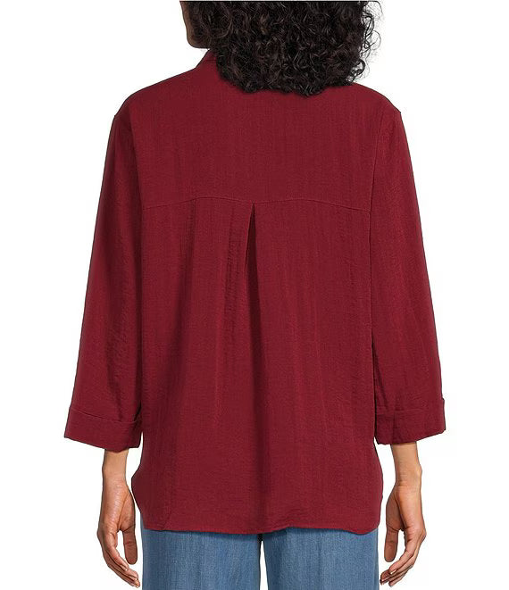 John Mark Woven Wire Collar 3/4 Sleeve Button Front Shirt-Wine