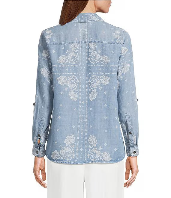 John Mark Woven Embroidered Paisley Print LS Roll Tab Button Down Tie Front Blouse -Blue