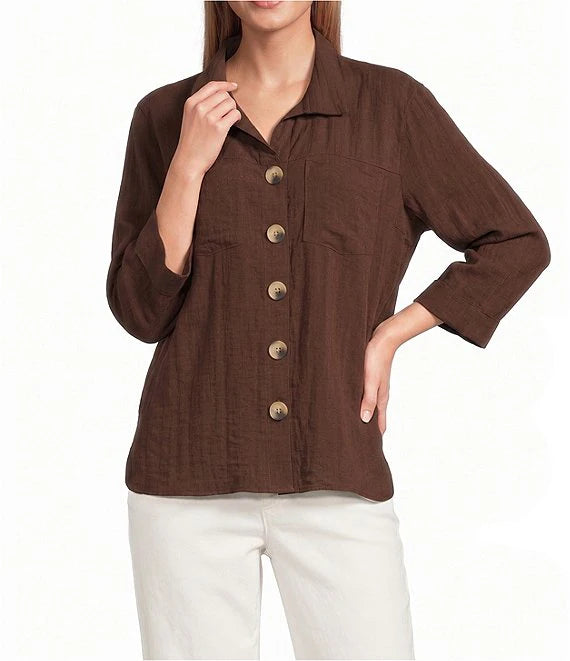 John Mark Woven Wire Collar 3/4 Sleeve Button Front Shirt-Chocolate