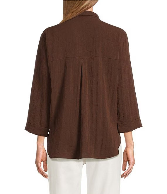 John Mark Woven Wire Collar 3/4 Sleeve Button Front Shirt-Chocolate