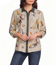 John Mark Woven Embroidered Western LS Snap Button Front Blouse -Cream