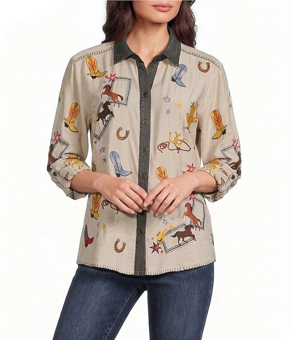 John Mark Woven Embroidered Western LS Snap Button Front Blouse -Cream