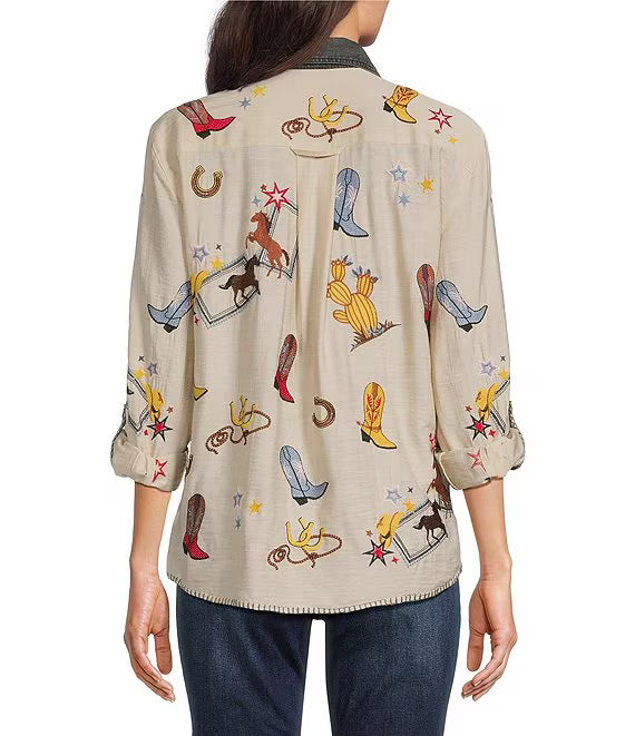 John Mark Woven Embroidered Western LS Snap Button Front Blouse -Cream