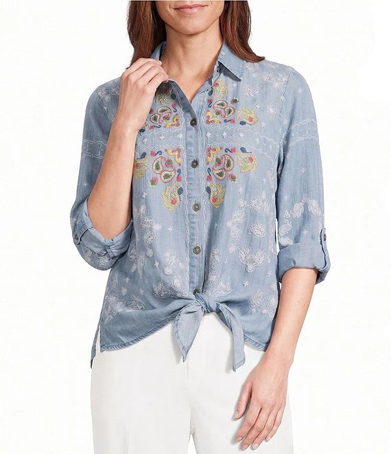 John Mark Woven Embroidered Paisley Print LS Roll Tab Button Down Tie Front Blouse -Blue