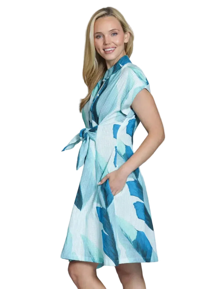 APNY Short Sleeve Shirt Dress w/ Self Tie -Aqua Multi