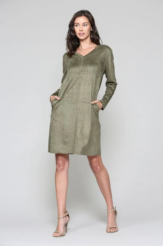 JOH Aurora Suede V Neck Dress with Pockets