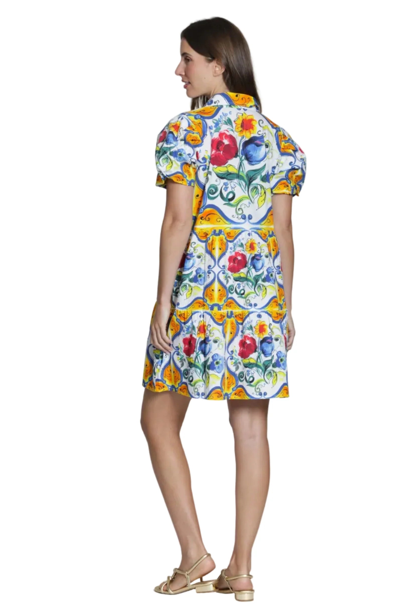 APNY Flounce Puff Sleeve Shirt Dress -Blue Multi