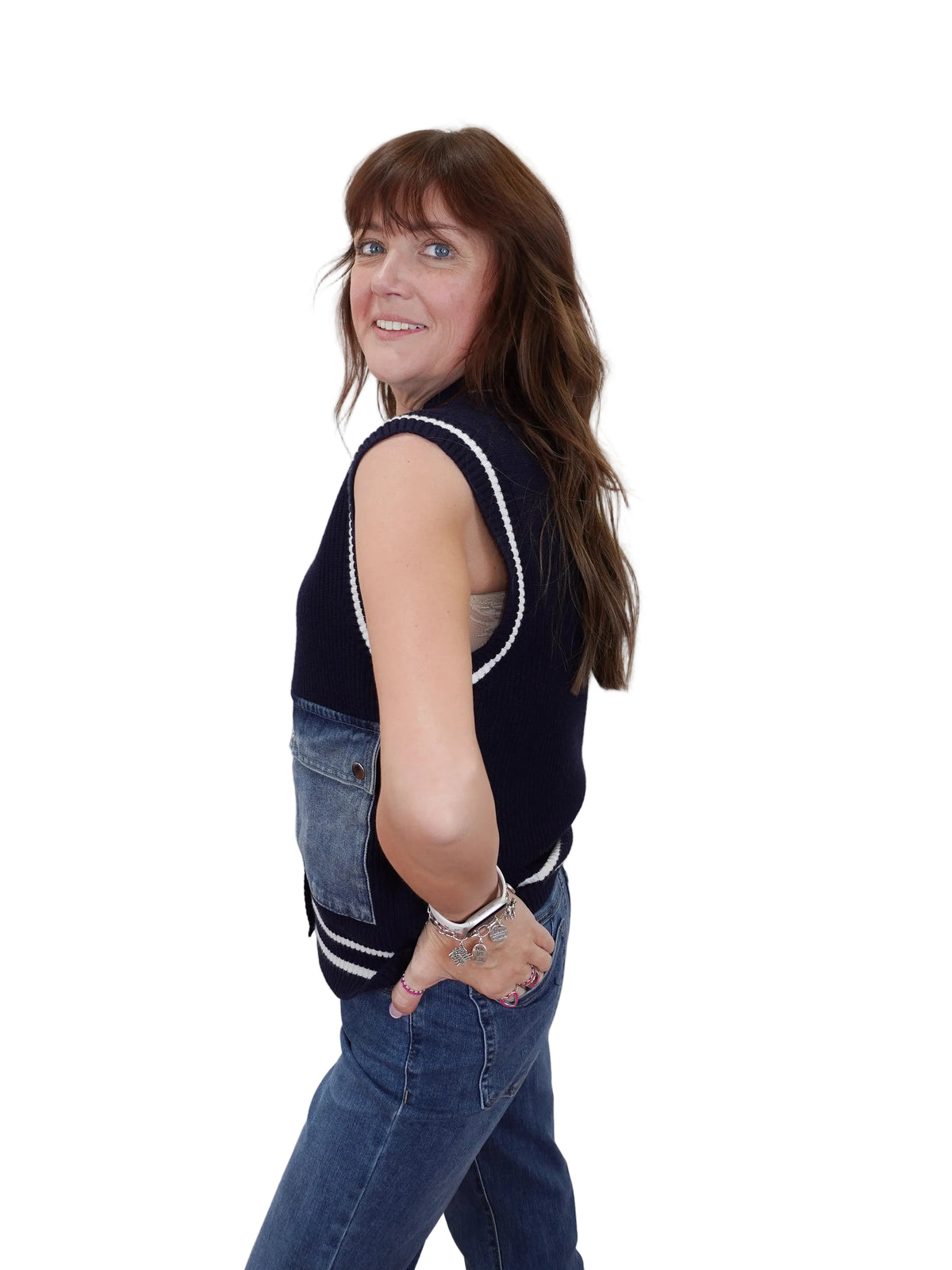 APNY Varsity Denim Patch Vest-Deep Blue Contrast
