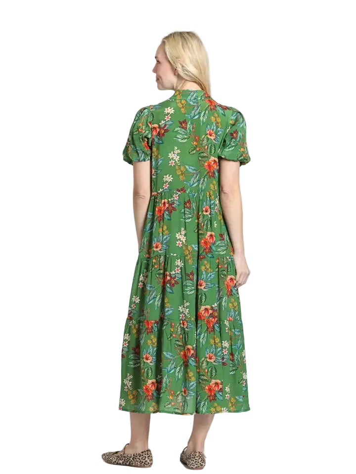 APNY Tiered Puff Sleeve Shirt Dress-Forest & Coral Multi