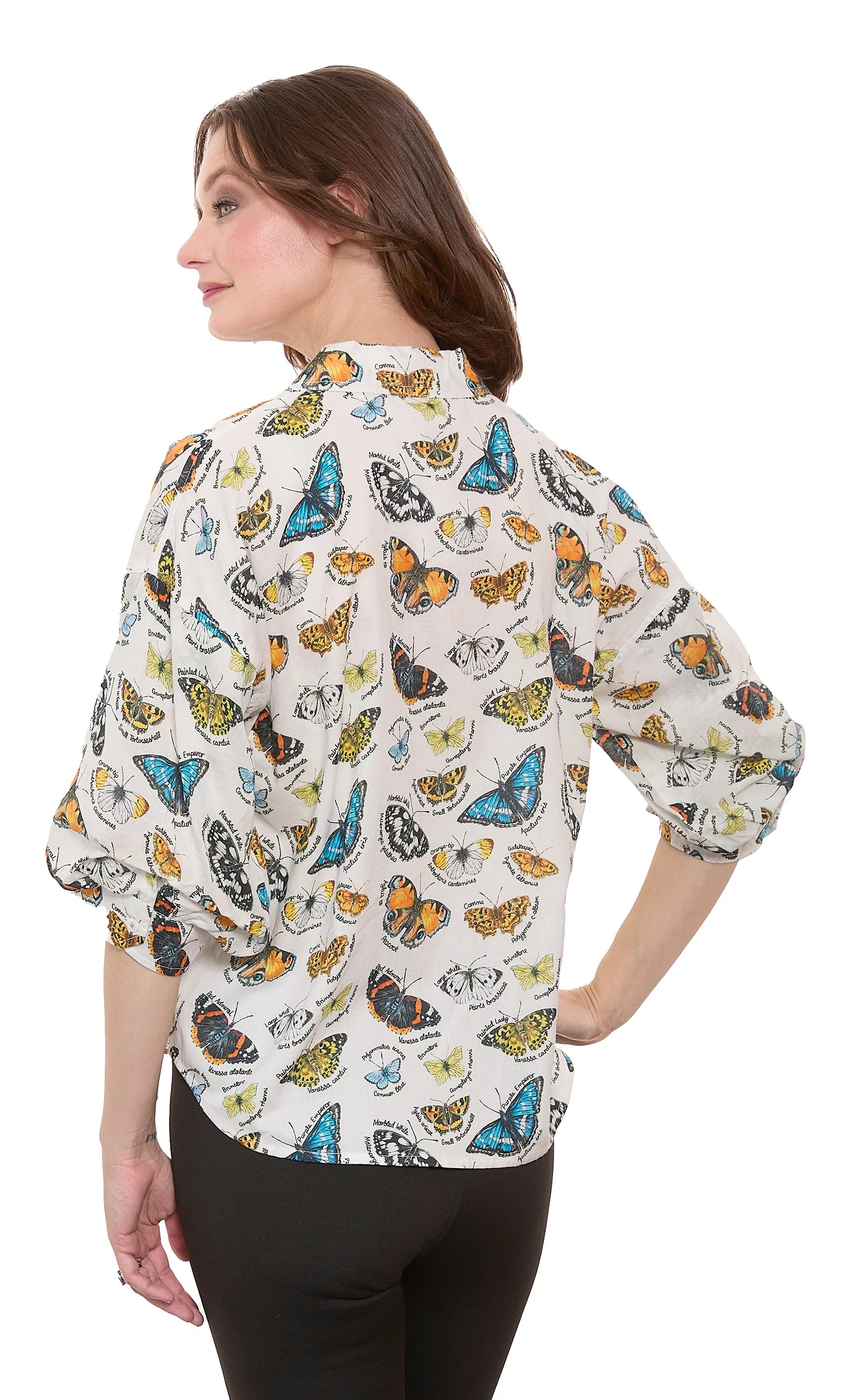 Dizzy Lizzie Milano Puff Sleeve Top Butterfly Print Cotton Voile Ivory Ground
