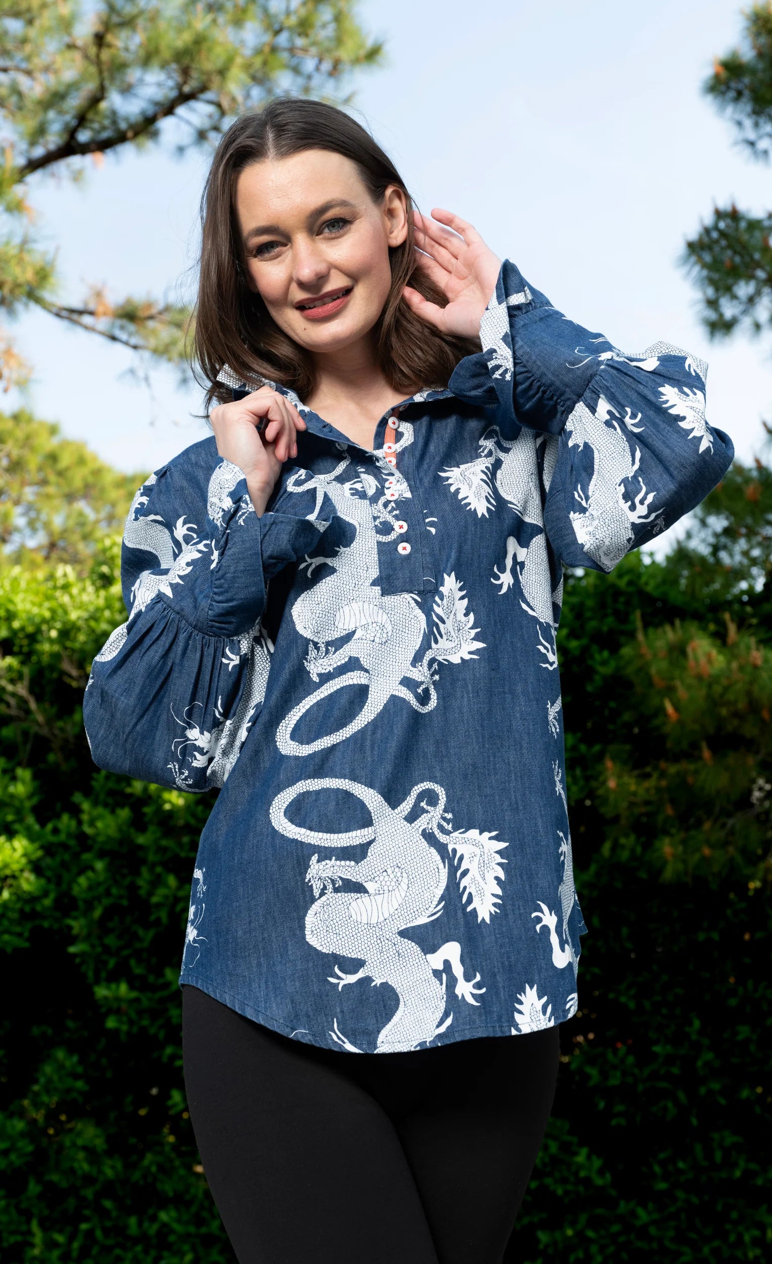 Dizzy Lizzie Oversized Top with Ruffle Neck Denim Dragon Pattern