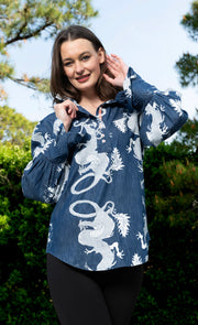Dizzy Lizzie Oversized Top with Ruffle Neck Denim Dragon Pattern