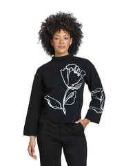 APNY Contrast Floral Pullover-Jet & Ivory