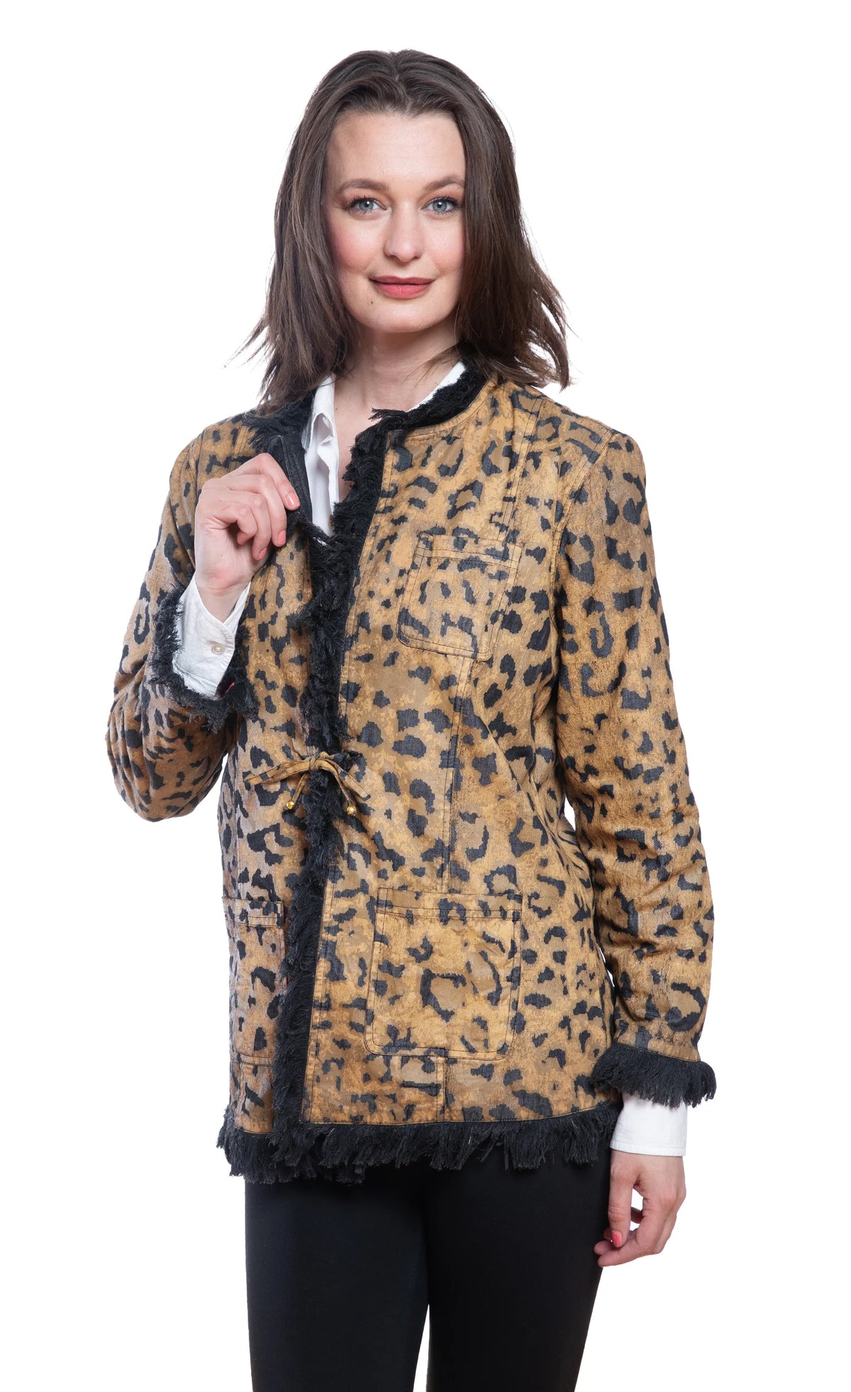 Dizzy Lizzie Fringed Jacket Animal Print on Denim