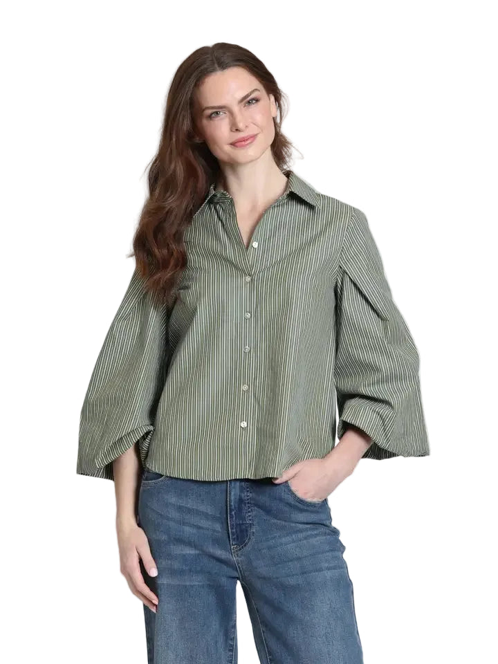 APNY Blouson Front Button Shirt-Olive Drift Stripe