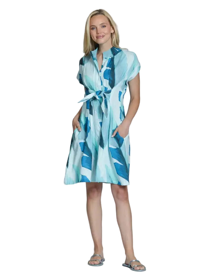APNY Short Sleeve Shirt Dress w/ Self Tie -Aqua Multi