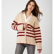 Charlie Paige Striped Cardigan-Beige/Burgundy