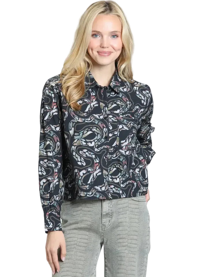APNY Cropped Shirt w/ Single Pocket-Jet & Sage Mineral Multi
