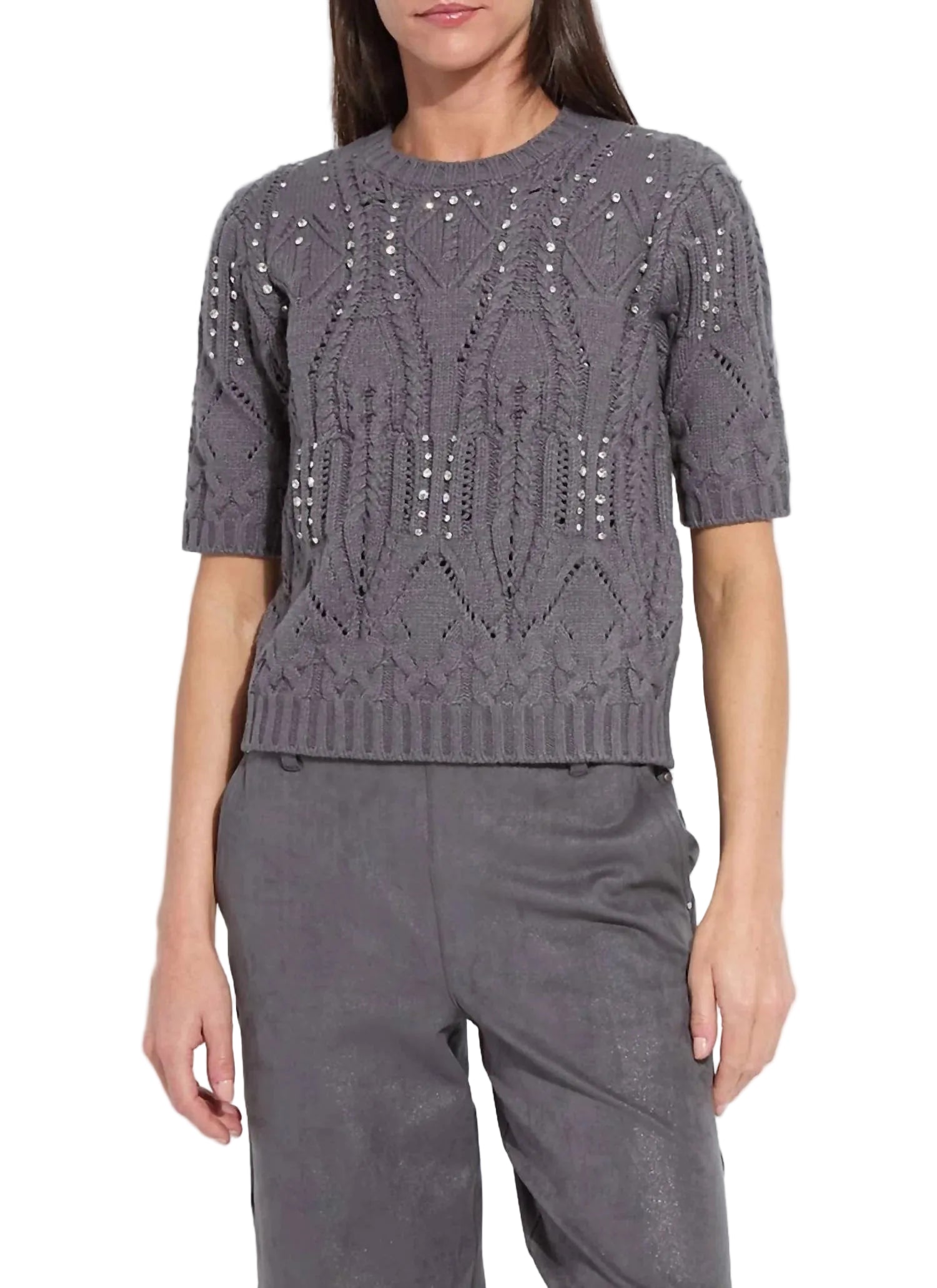 Hadley Crystal Emblessished Short Sleeve Sweater -Grey Melange