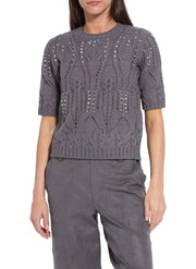 Hadley Crystal Emblessished Short Sleeve Sweater -Grey Melange