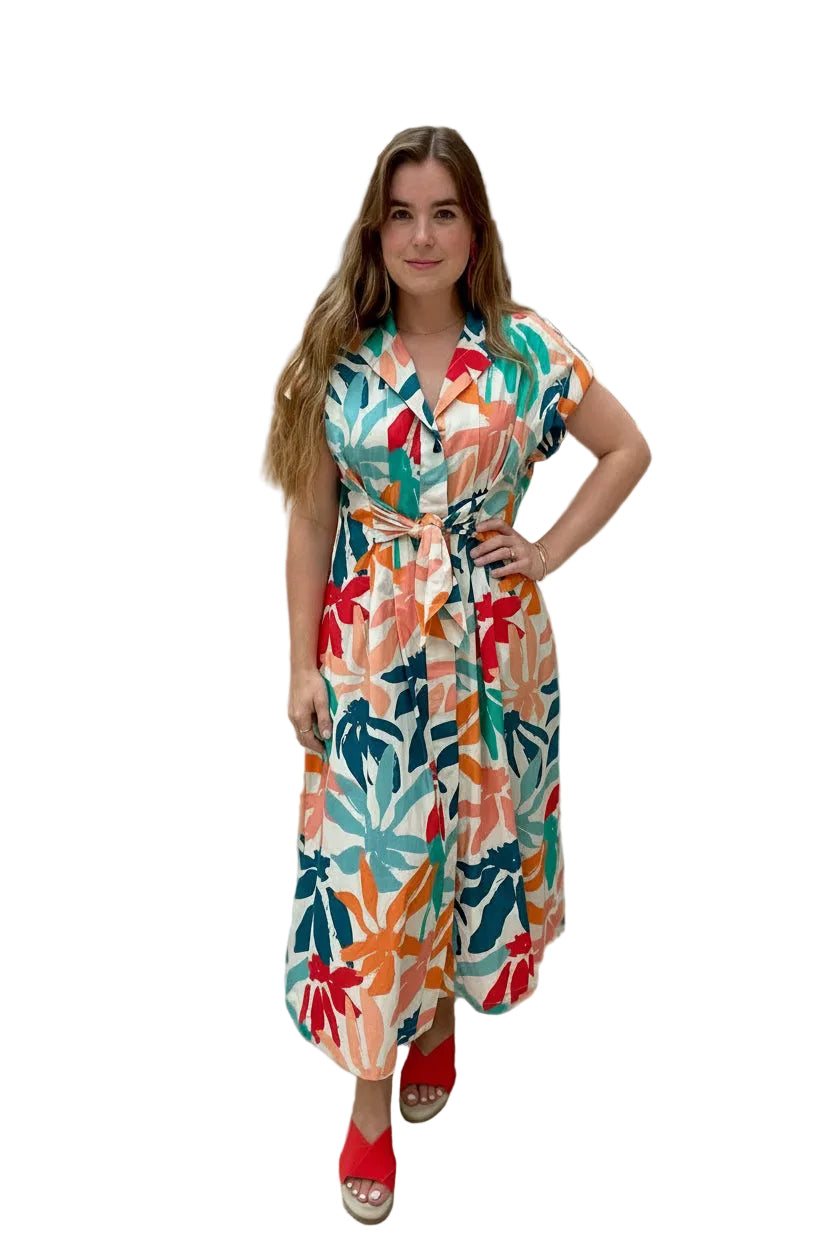 APNY Tie Front Dress -Hot Coral Multi