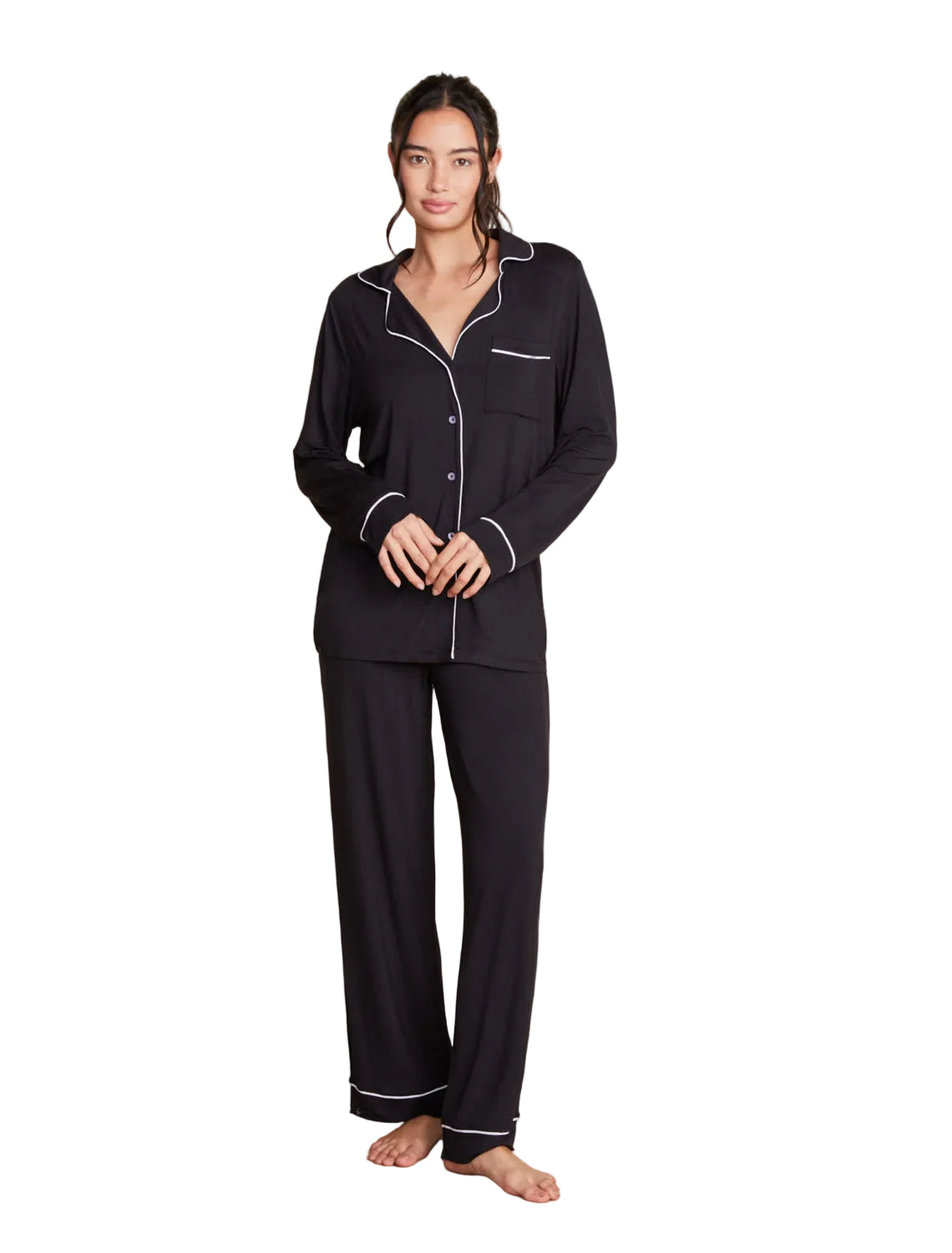 Barefoot Dreams Luxe Milk Jersey Piped Pajama Set -Black