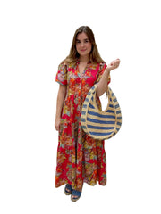 APNY Tiered Puff Sleeve Shirt Dress -Fuchsia Boho Paisley