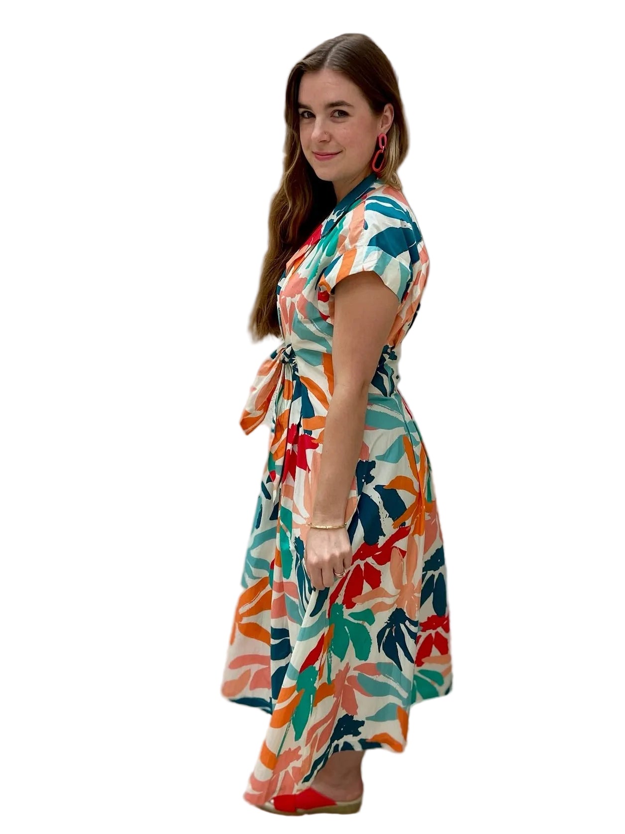 APNY Tie Front Dress -Hot Coral Multi