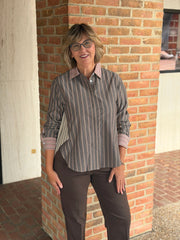 Lior Paris Megan-2 Collared Boyfriend Shirt-Taupe/Beige Mix
