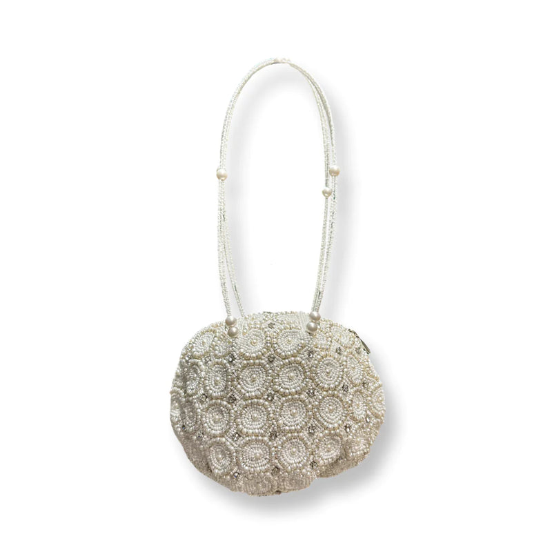 David Jeffery Handbag - White Beads & Clear Stones w/ Large Beaded Handle