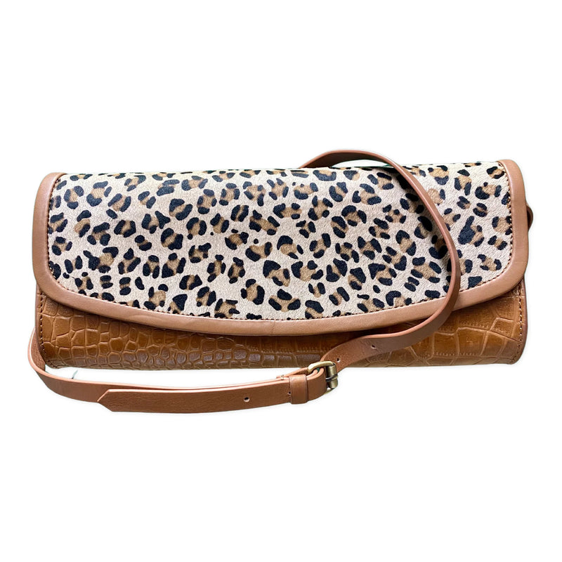 David Jeffery Handbag - Brown Sheep Skin Leather Croc w/ Cow Pelt Leopard