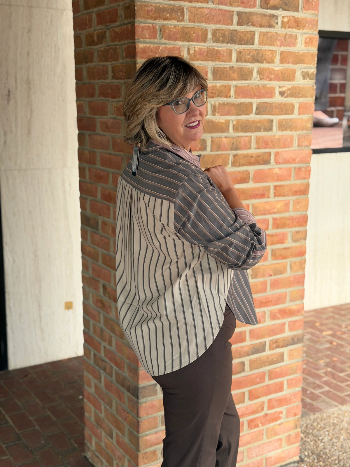 Lior Paris Megan-2 Collared Boyfriend Shirt-Taupe/Beige Mix
