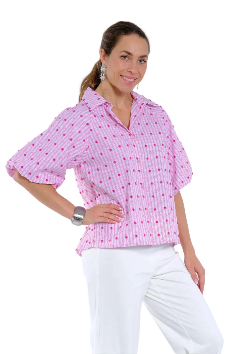 Lior Paris Halo Puff Sleeve Shirt with Embroidered Pink Dots