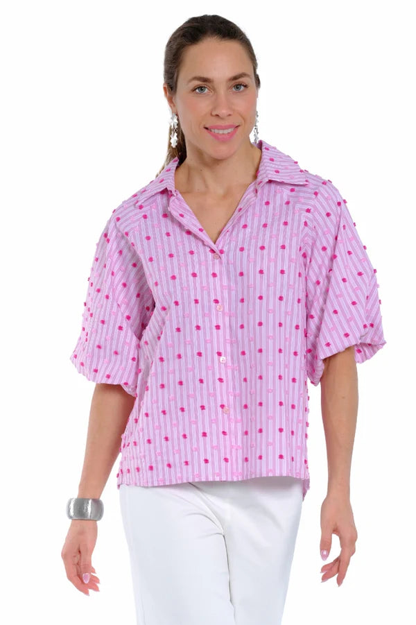 Lior Paris Halo Puff Sleeve Shirt with Embroidered Pink Dots
