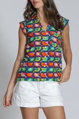 APNY Sleeveless Shirt w/ Cross-over Sleeve Detail -Green Multi