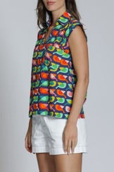 APNY Sleeveless Shirt w/ Cross-over Sleeve Detail -Green Multi