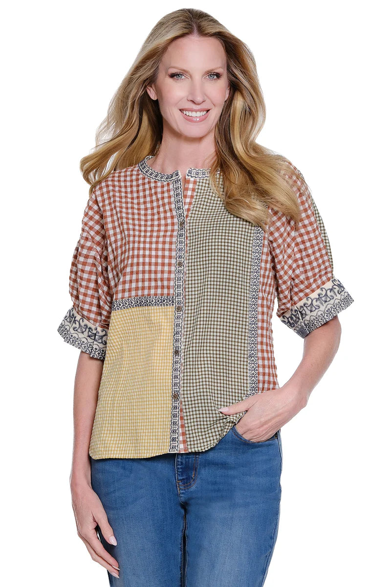 John Mark Embroidered Button Down Blouse -Check Multi