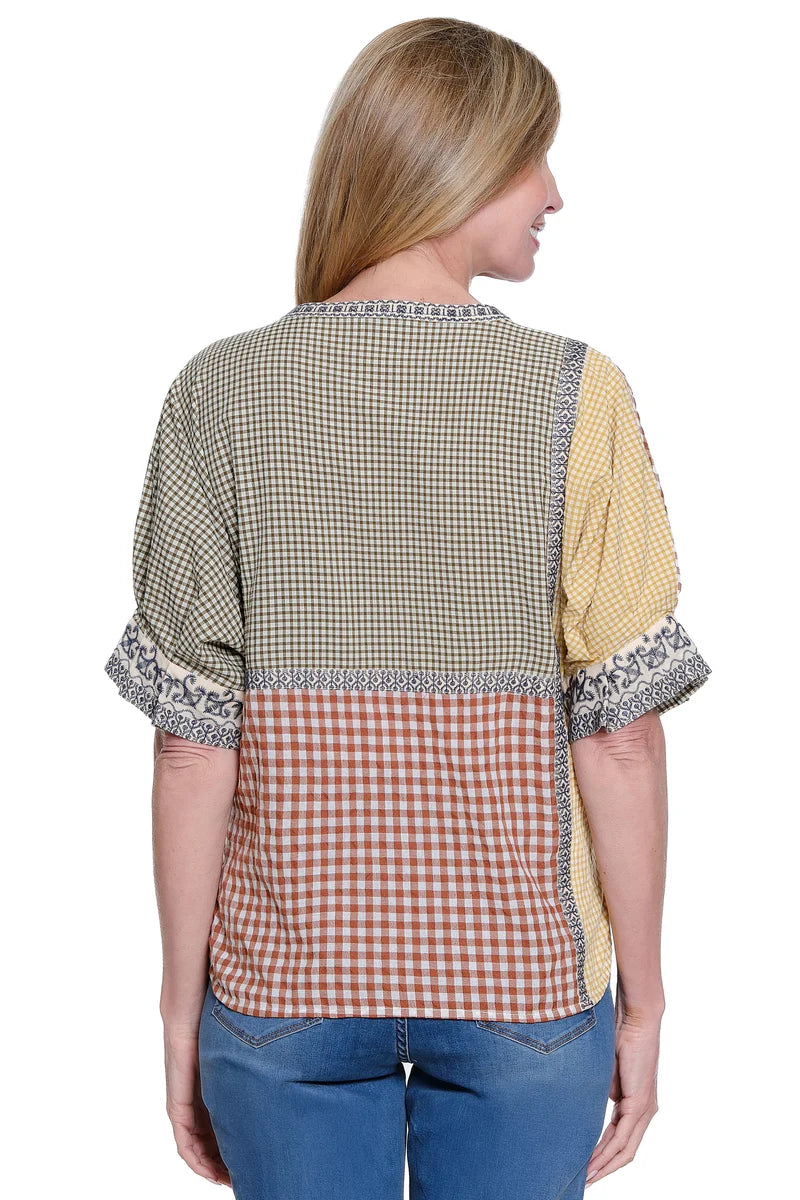 John Mark Embroidered Button Down Blouse -Check Multi