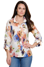 John Mark Linen Floral Print Blouse w/ Wire Collar -Watercolor Floral