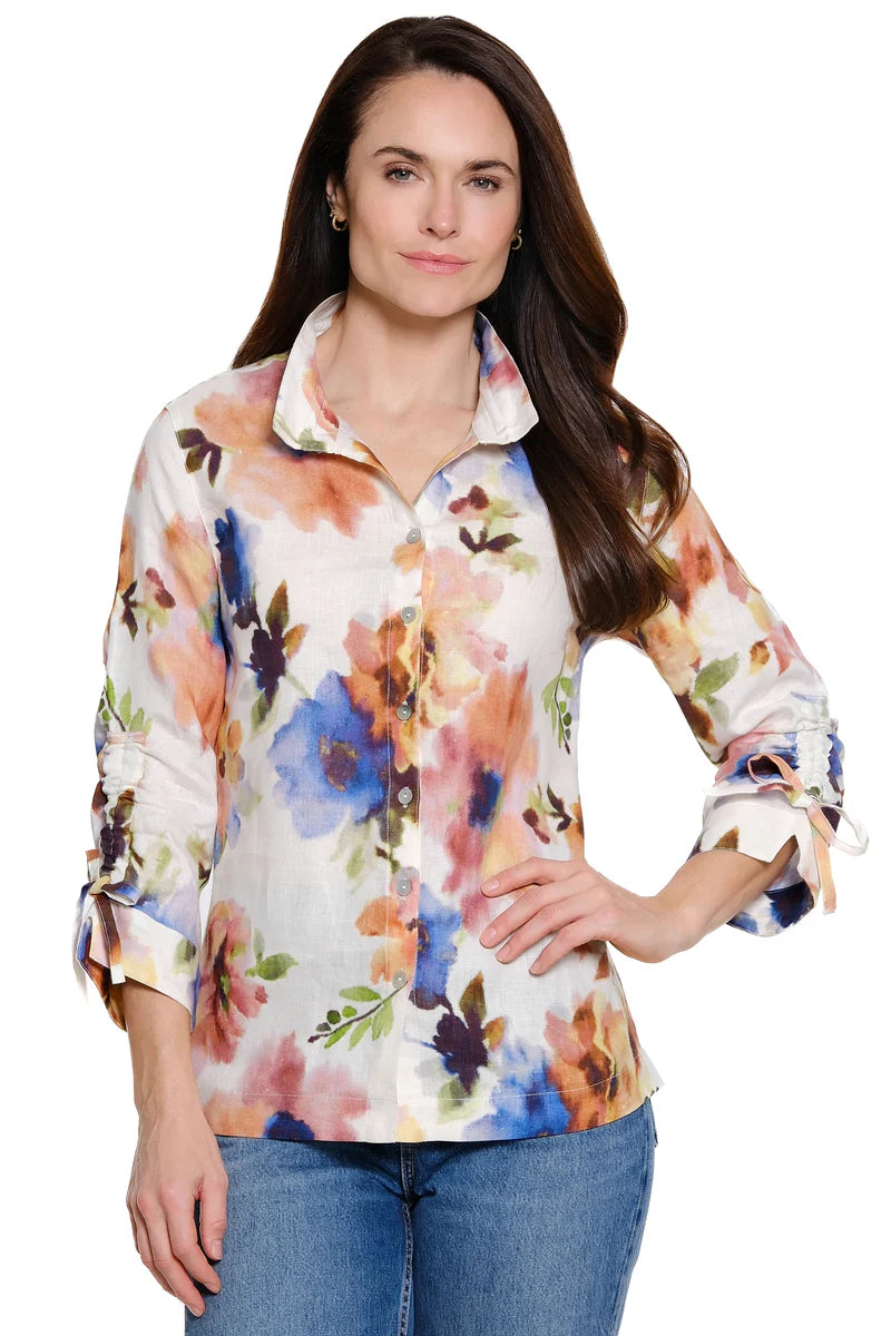 John Mark Linen Floral Print Blouse w/ Wire Collar -Watercolor Floral