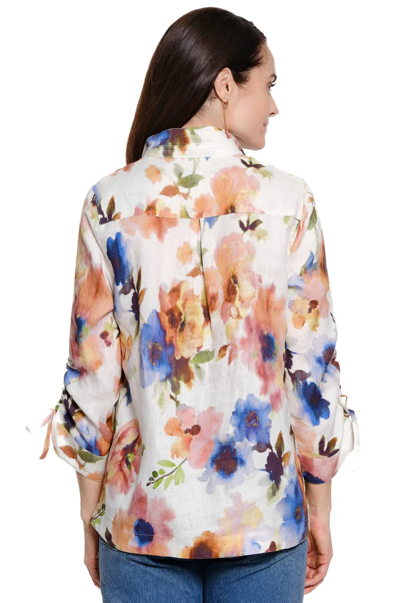 John Mark Linen Floral Print Blouse w/ Wire Collar -Watercolor Floral