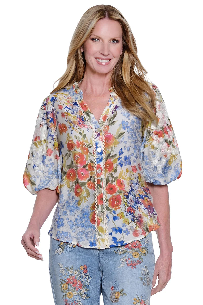 John Mark Floral Print Button Front Blouse w/ Puff Sleeves -Floral Multi