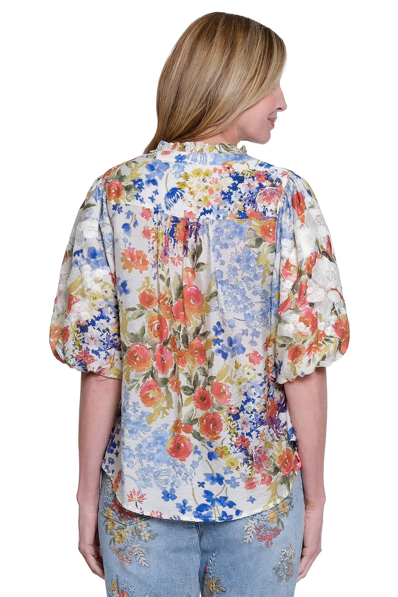 John Mark Floral Print Button Front Blouse w/ Puff Sleeves -Floral Multi