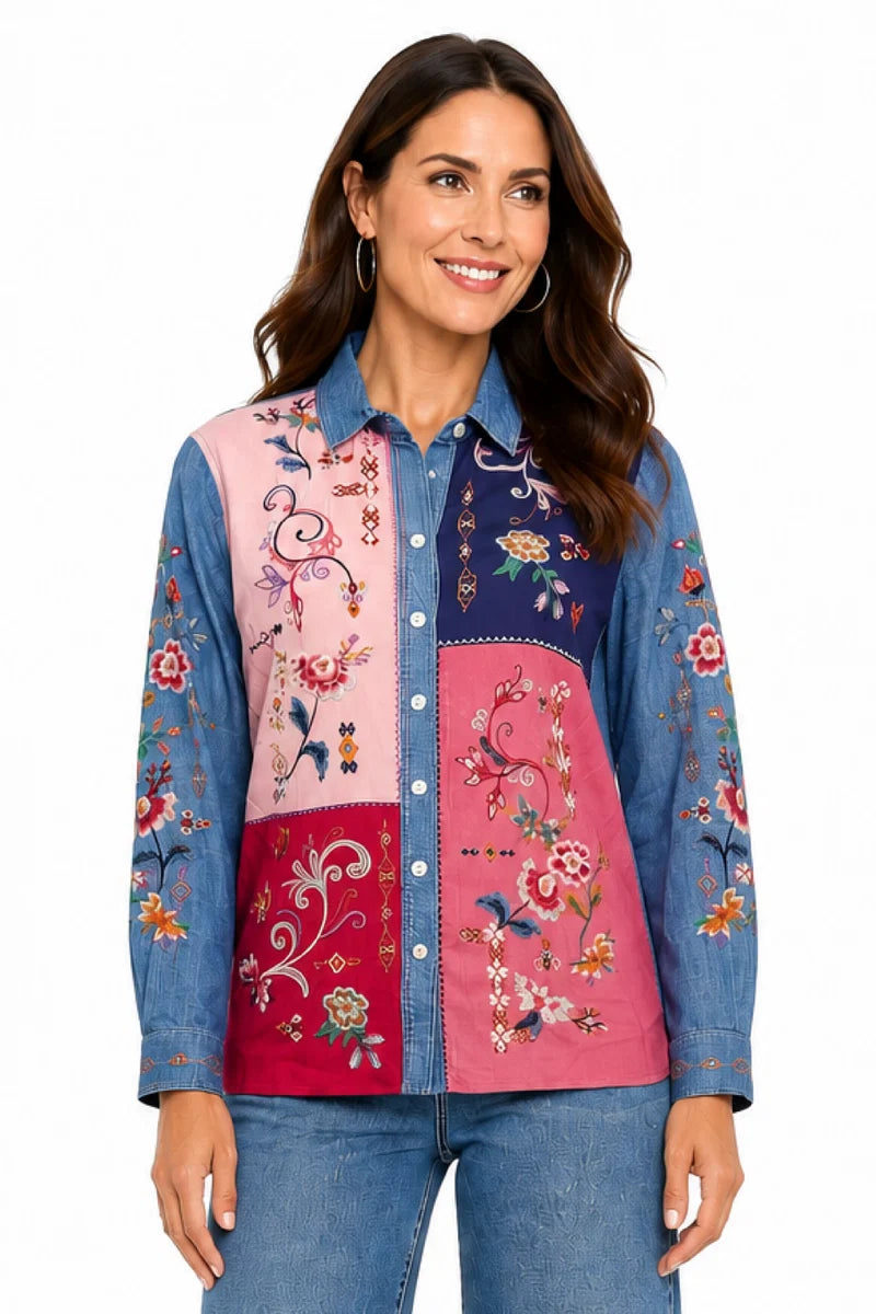John Mark Missy Multi Embroidered Collared Blouse