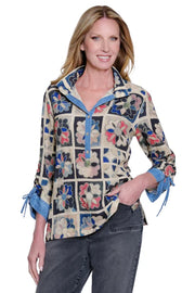 John Mark Woven Mix Print 3/4 Sleeve Cinch Popover Blouse -Multi