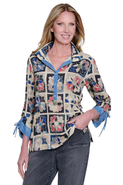 John Mark Woven Mix Print 3/4 Sleeve Cinch Popover Blouse -Multi