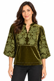 John Mark Embroidered Velvet Bubble Sleeve Popover Top-Light Olive