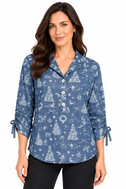 John Mark Holiday Print Wire Collar Popover-Denim